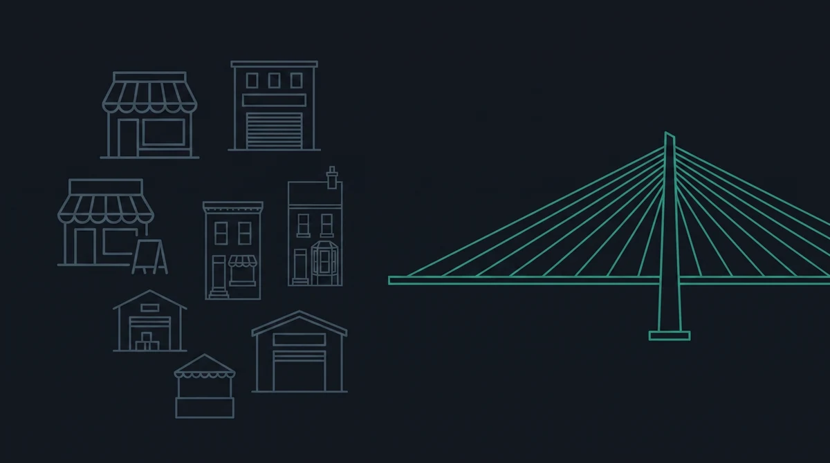 Outline icons of scattered, unconnected shopfronts and small workshops on the left, leading to a cable-stayed bridge.