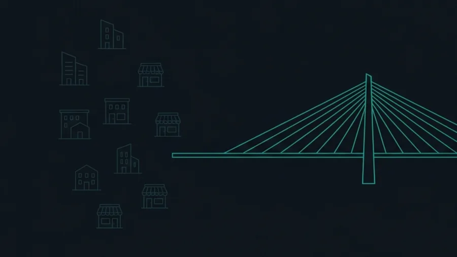 Scattered, unconnected shopfront outlines on the left, leading to a bridge.