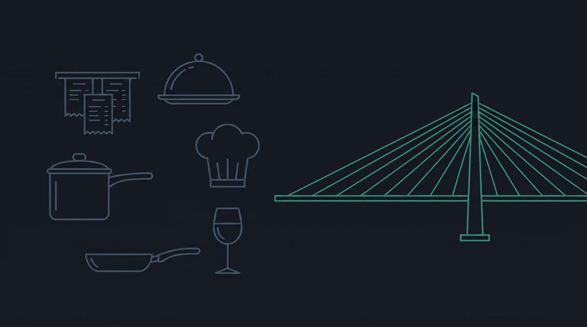 Outline icons of kitchen order dockets on a rail, a domed serving cloche, a chef's hat, a saucepan, a frying pan and a wine glass scattered on the left, leading to a cable-stayed bridge.