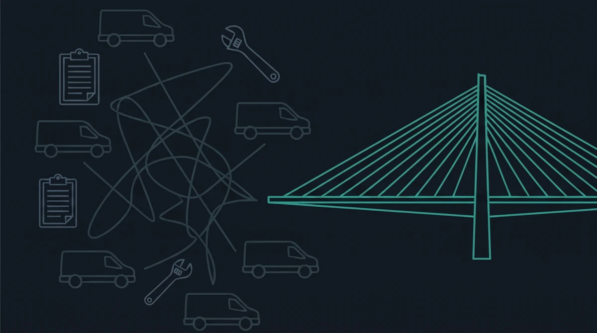 Outline icons of work vans scattered with a tangle of looping crossed route lines between them, plus a clipboard and a spanner, leading to a cable-stayed bridge.