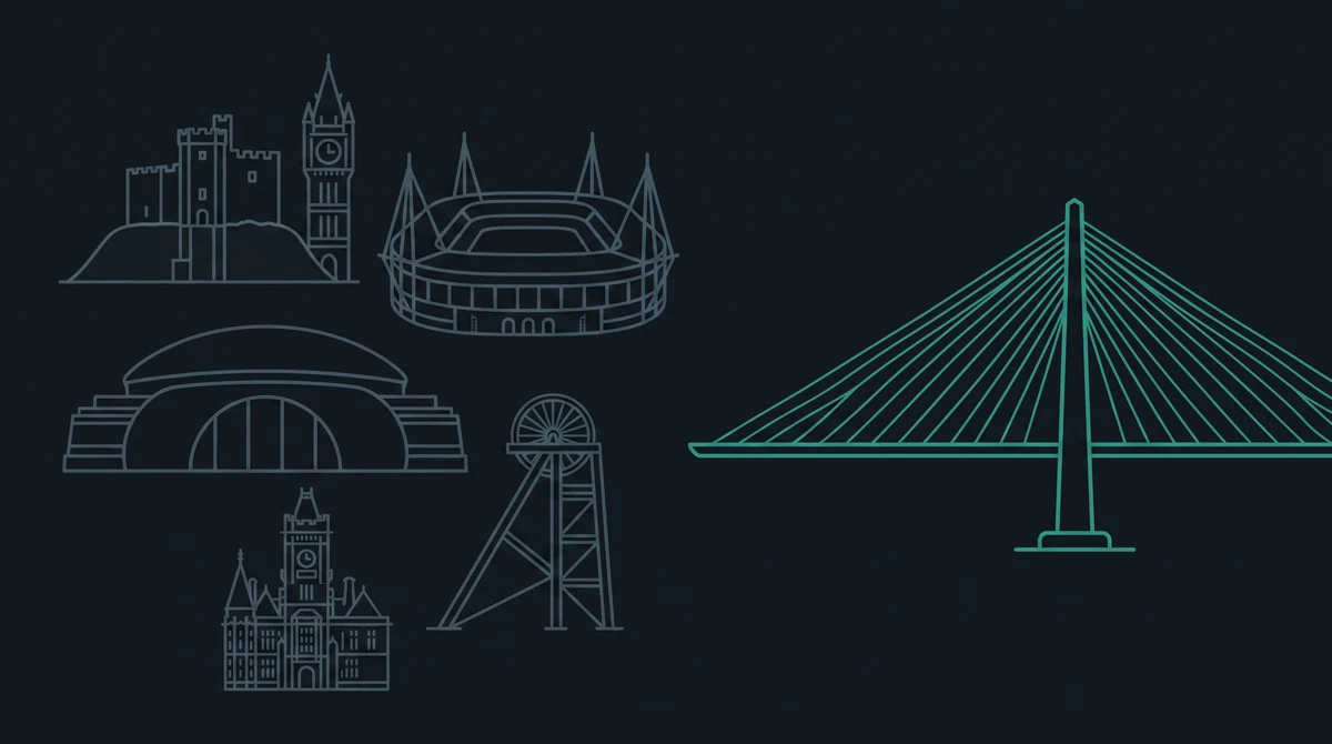 Outline icons of South Wales landmarks, a castle and clock tower, a stadium, an arts centre and a colliery winding wheel, leading to a cable-stayed bridge.