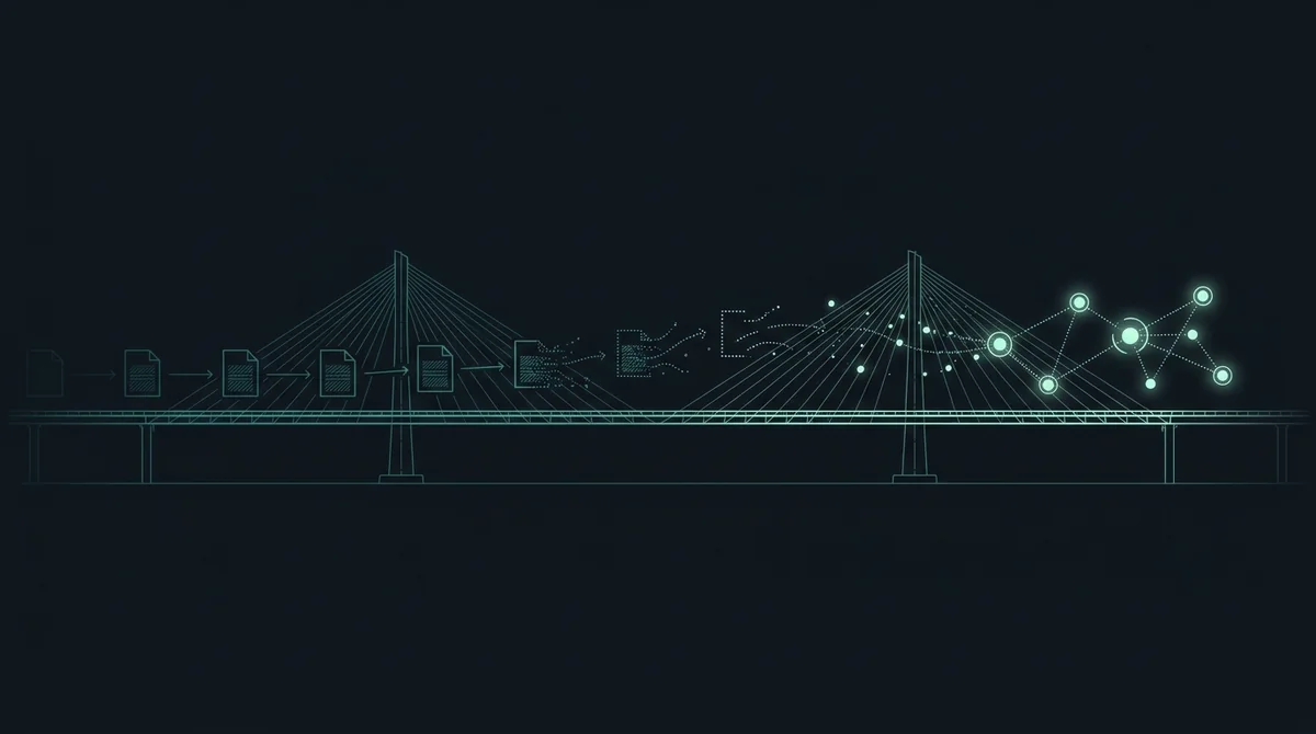 A document travelling across a bridge, dissolving as it goes and arriving on the far side as a network of connected nodes.