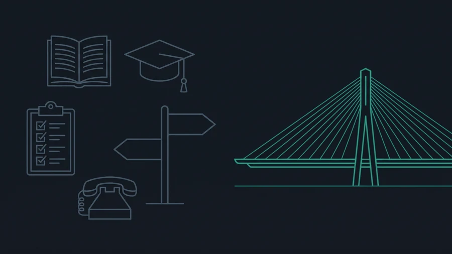 Outline icons of an open book, a graduation cap, a clipboard with ticked boxes, a desk telephone and a signpost with two blank arrow boards scattered on the left, leading to a cable-stayed bridge.