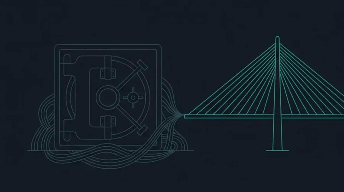 Outline icons of a closed vault holding back a pool of lines on the left, leading to a cable-stayed bridge.