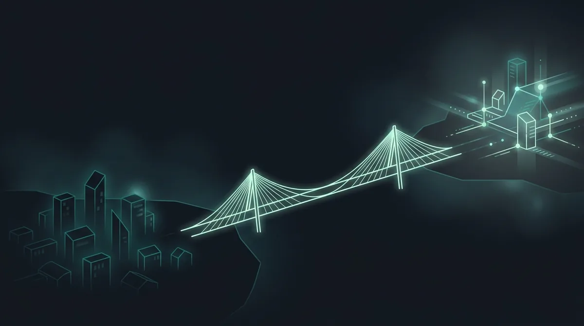 An illustration of a bridge spanning from an ordinary town on one side to a connected, lit-up landscape on the other.