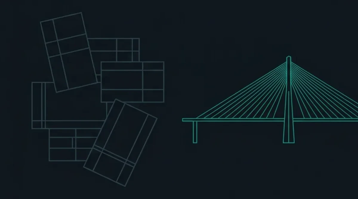 Outline icons of overlapping printed documents and forms on the left, leading to a cable-stayed bridge.
