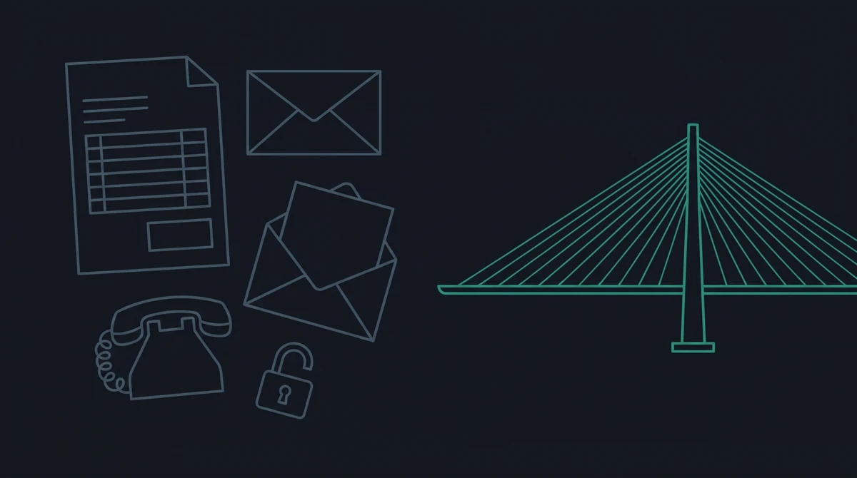 Outline icons of a paper invoice, two envelopes with one tilted open and a sheet emerging from it, an old desk telephone and an open padlock on the left, leading to a cable-stayed bridge.