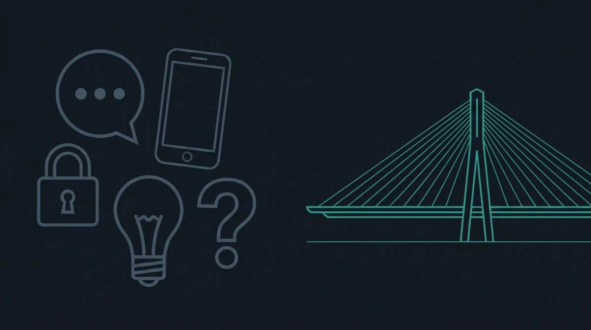 Outline icons of a speech bubble, a smartphone, a padlock, a lightbulb and a question mark scattered on the left, leading to a cable-stayed bridge.