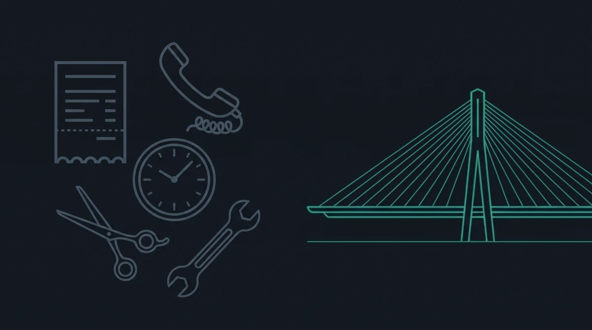 Outline icons of an invoice, an old telephone handset, a clock face, a pair of scissors and a wrench scattered on the left, leading to a cable-stayed bridge.